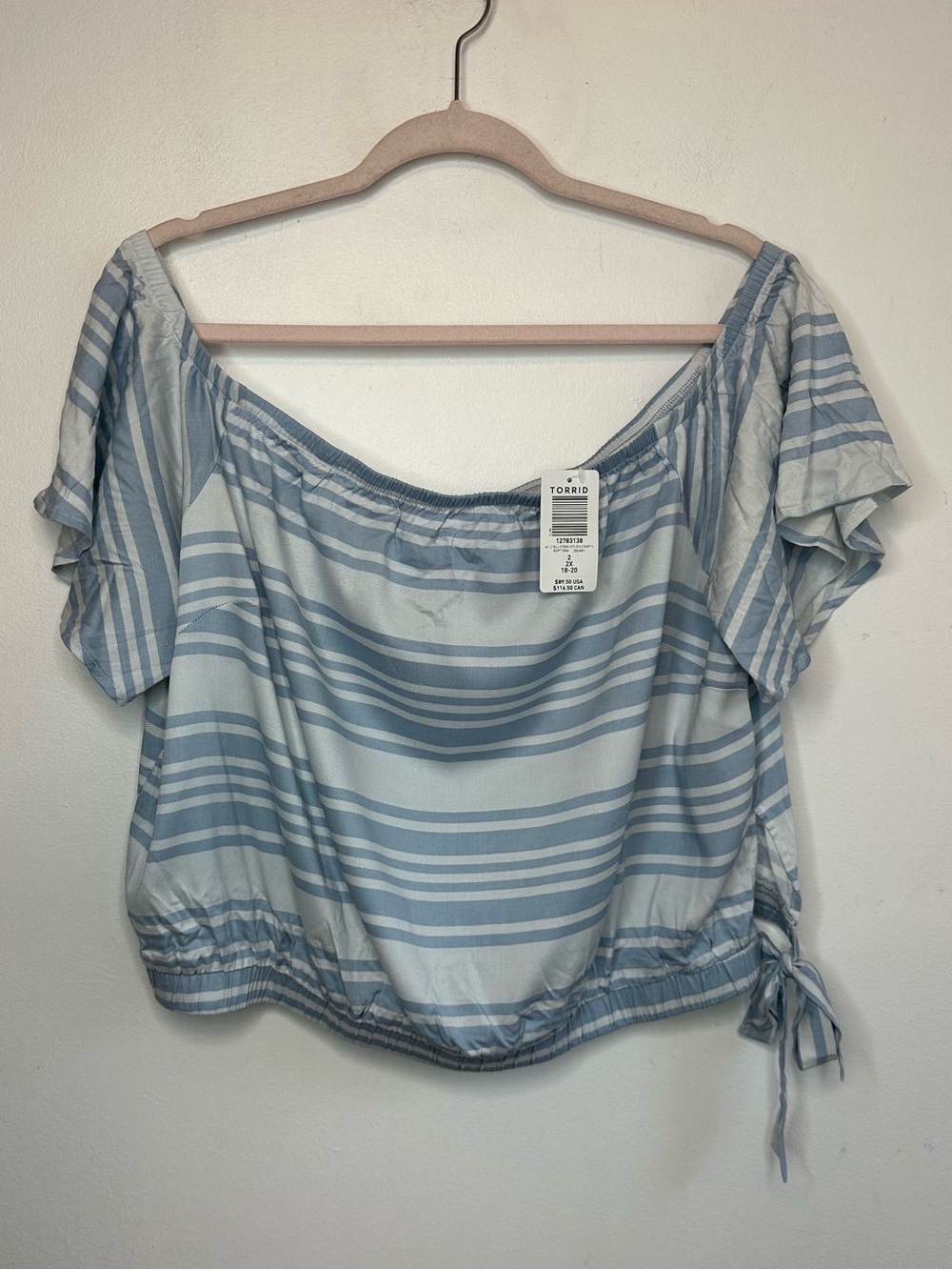Torrid Striped Challis Crop Top Womens 2X Blue White Off Shoulder Short Sleeve